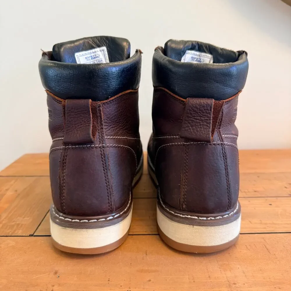 Safety Loong Men's Moc Toe Work Boots Size 11.5 Brown Leather Wedge Sole